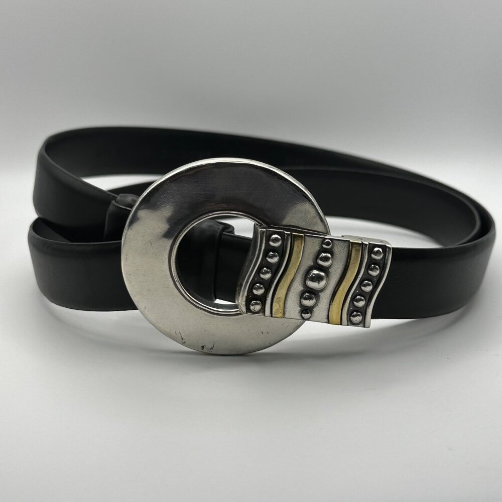 Chico’s black leather adjustable size M/L hook silver tone buckle belt